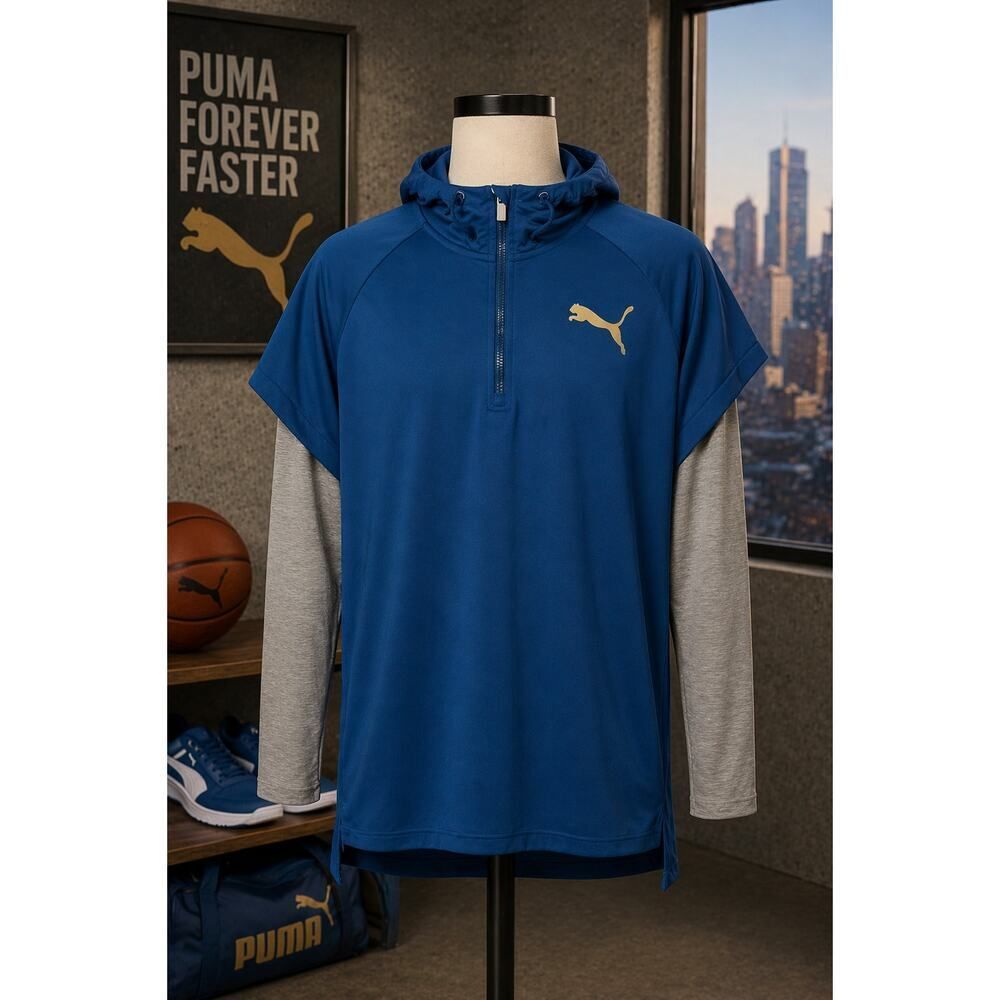Puma Men’s Blue Gray Tech Quarter Zip Hoodie Shirt XL